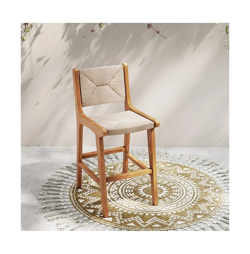 Boyel Living Set of 1 Outdoor Counter Height Bar Stool Woven Paper Rope Patio Barstool with Teak Wood Frame