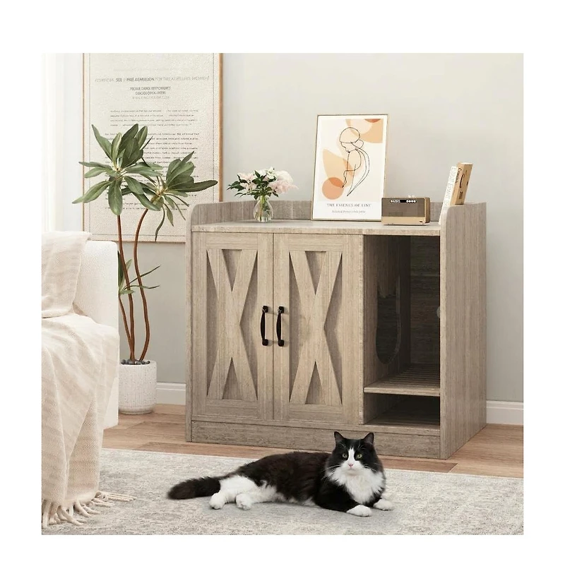 homfan Double Cat Litter Box Enclosure – Modern Hidden Wooden Washroom Cabinet with Divider and Mark Mat, Multi-Functional Indoor House Bench