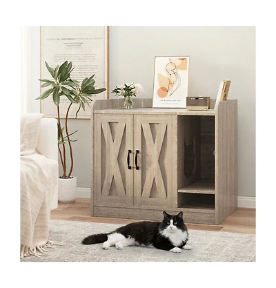 homfan Double Cat Litter Box Enclosure – Modern Hidden Wooden Washroom Cabinet with Divider and Mark Mat, Multi-Functional Indoor House Bench