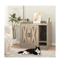 homfan Double Cat Litter Box Enclosure – Modern Hidden Wooden Washroom Cabinet with Divider and Mark Mat, Multi-Functional Indoor House Bench