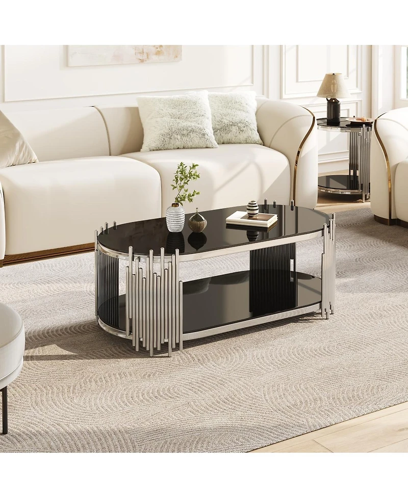 Streamdale Furniture Luxury Glass Oval Coffee Table with Organ Pipe Design