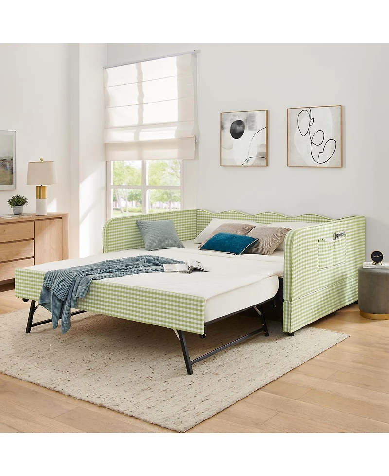Streamdale Furniture Gingham Upholstered 3-in-1 Full-Size Daybed with Trundle and Storage