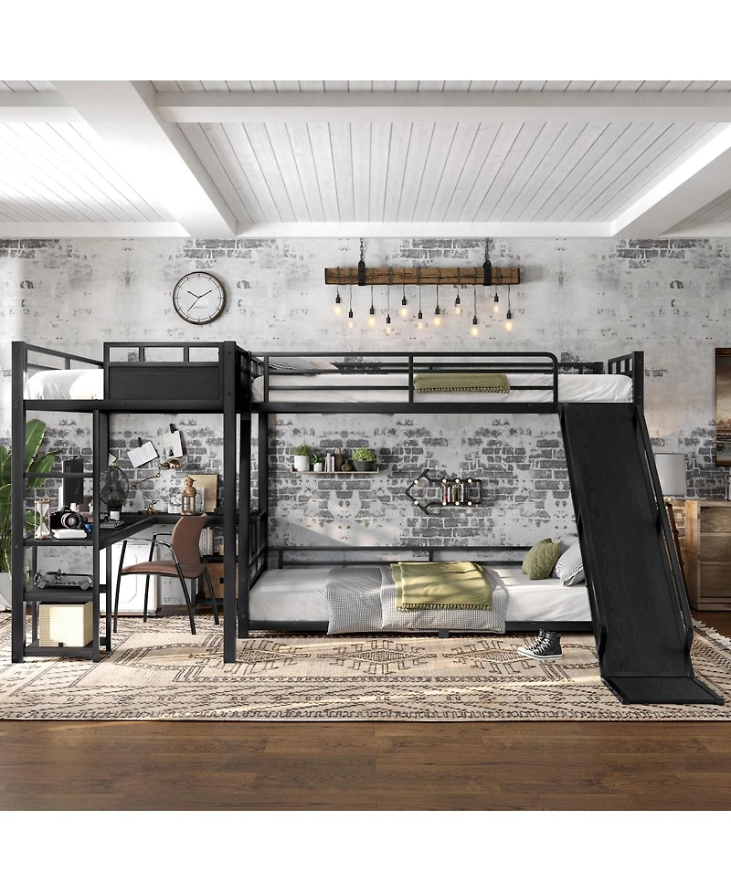 Streamdale Furniture L-Shaped Metal Triple Bunk Bed with Desk, Storage, and Slide
