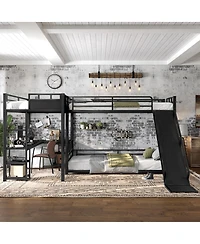Streamdale Furniture L-Shaped Metal Triple Bunk Bed with Desk, Storage, and Slide