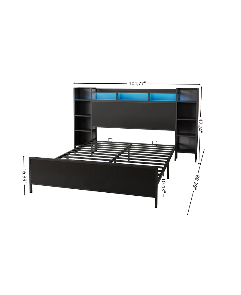Streamdale Furniture King Size Metal Platform Bed Frame with Led, Usb, and Storage Headboard