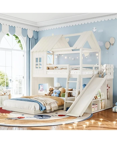 Streamdale Furniture Twin over Full House Bunk Bed with Slide, Storage