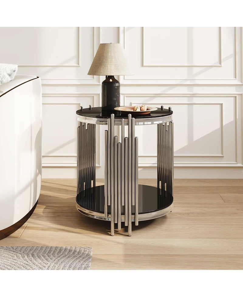 Streamdale Furniture 19.7" 2-Tier Round Glass End Table with Stainless Steel Legs
