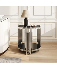 Streamdale Furniture 19.7" 2-Tier Round Glass End Table with Stainless Steel Legs