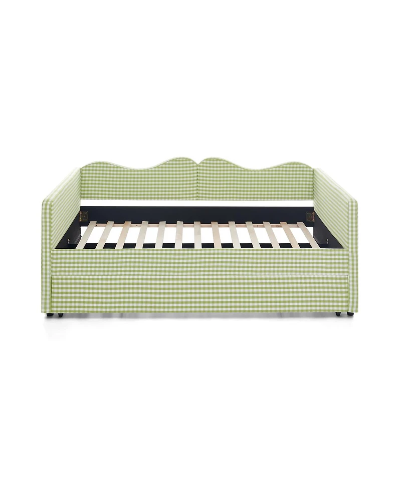 Streamdale Furniture Gingham Upholstered Full-Size Daybed with Trundle and Side Storage Pocket
