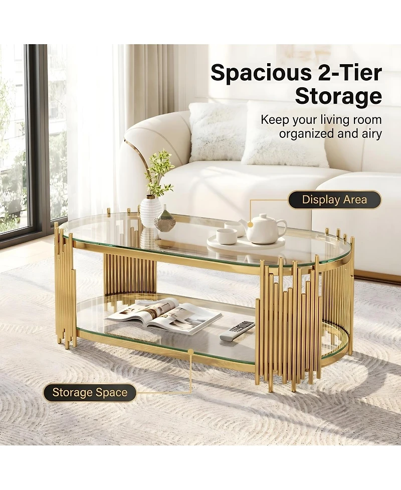 Streamdale Furniture Luxury 2-Tier Oval Glass Coffee Table with Organ Pipe Design