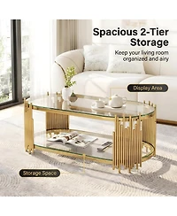 Streamdale Furniture Luxury 2-Tier Oval Glass Coffee Table with Organ Pipe Design