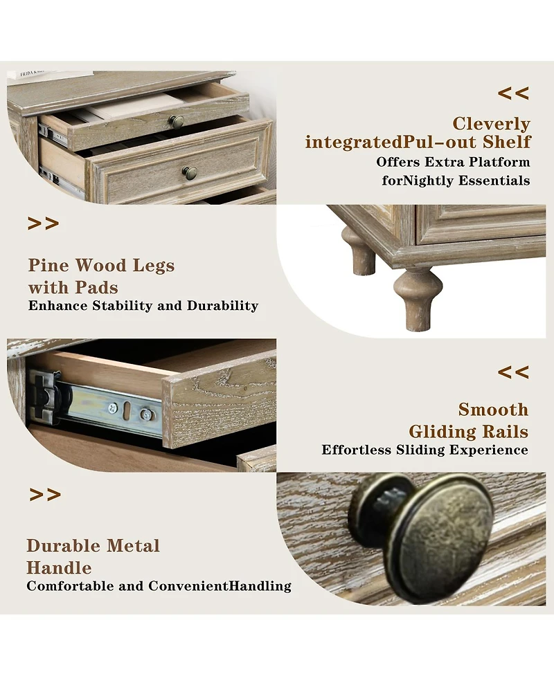 Streamdale Furniture Farmhouse Nightstands Set of 2 with 4 Drawers and Hidden Pull-Out Shelf