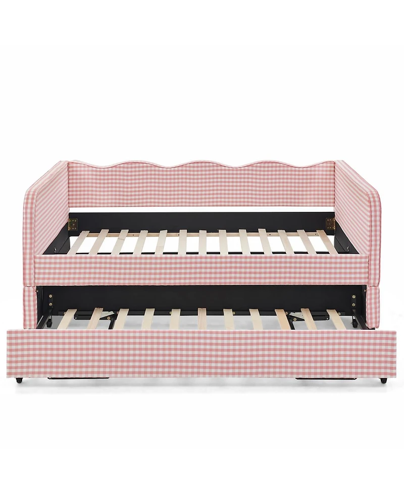 Streamdale Furniture Gingham Upholstered 3-in-1 Convertible Daybed with Trundle and Storage