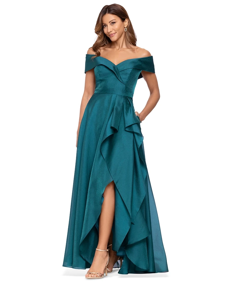 Xscape Women's Sweetheart Neck Off-The-Shoulder Ruffle Long Dress