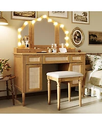 Streamdale Furniture Makeup Vanity Desk with Tri-Fold Mirror, 13 Lights, 5 Drawers and Charging Station