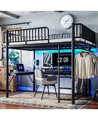 Streamdale Furniture Queen Metal Loft Bed with L-Shaped Desk, Led Lights, and Charging Station