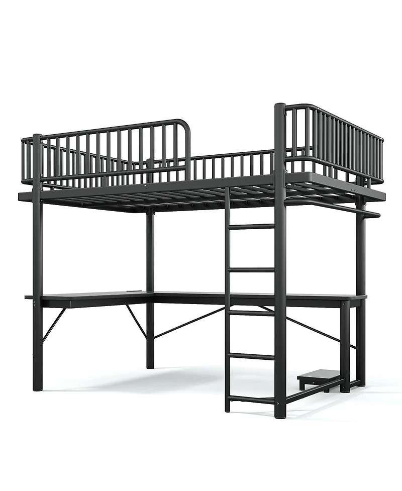 Streamdale Furniture Queen Metal Loft Bed with L-Shaped Desk, Led Lights, and Charging Station