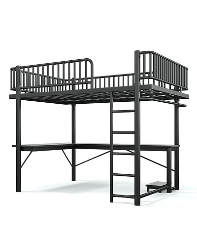 Streamdale Furniture Queen Metal Loft Bed with L-Shaped Desk, Led Lights, and Charging Station