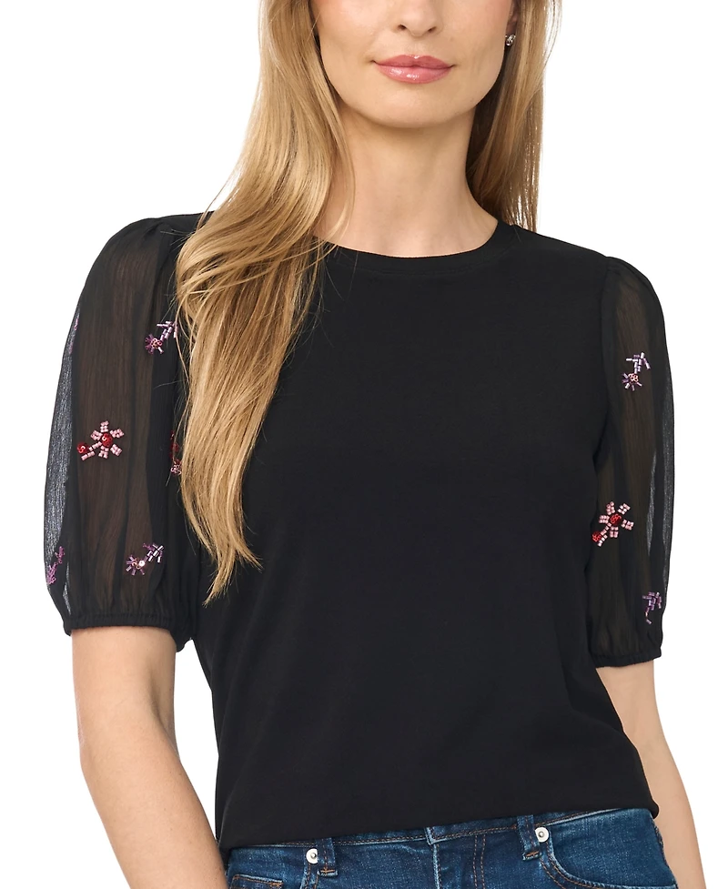 CeCe Women's Beaded Sleeve Mixed Media Crewneck Short-Sleeve Top