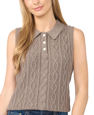 CeCe Women's Cable Knit Collared Sleeveless Sweater Vest