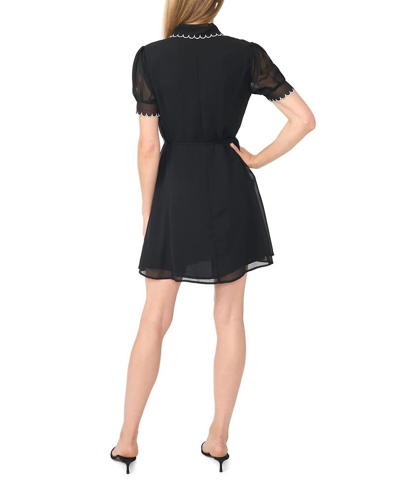 CeCe Women's Contrast Stitch Short-Sleeve Scallop Mini Dress With Tie Waist