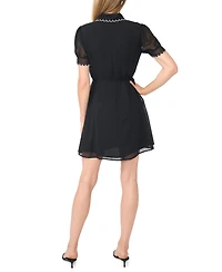 CeCe Women's Contrast Stitch Short-Sleeve Scallop Mini Dress With Tie Waist