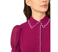 CeCe Women's Scallop Contrast Trim Button Up Top