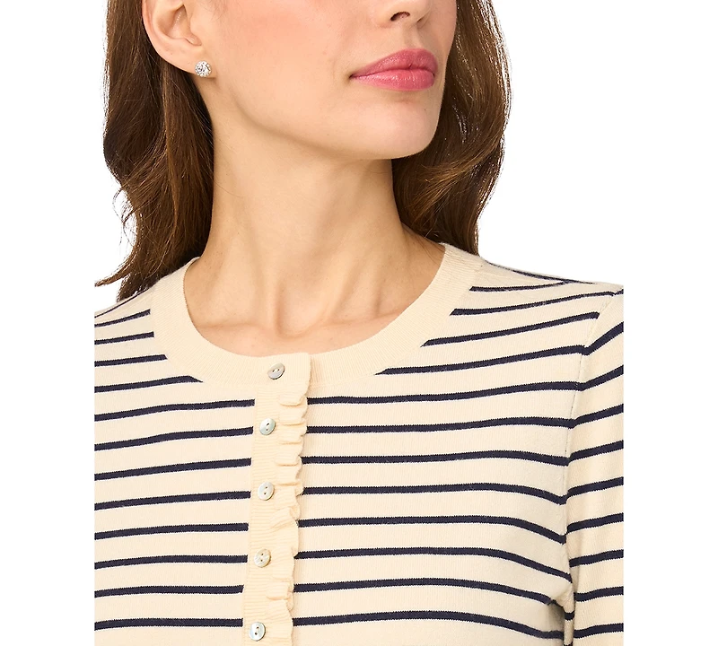 CeCe Women's Striped Ruffle-Trim Crewneck Long-Sleeve Cardigan Sweater