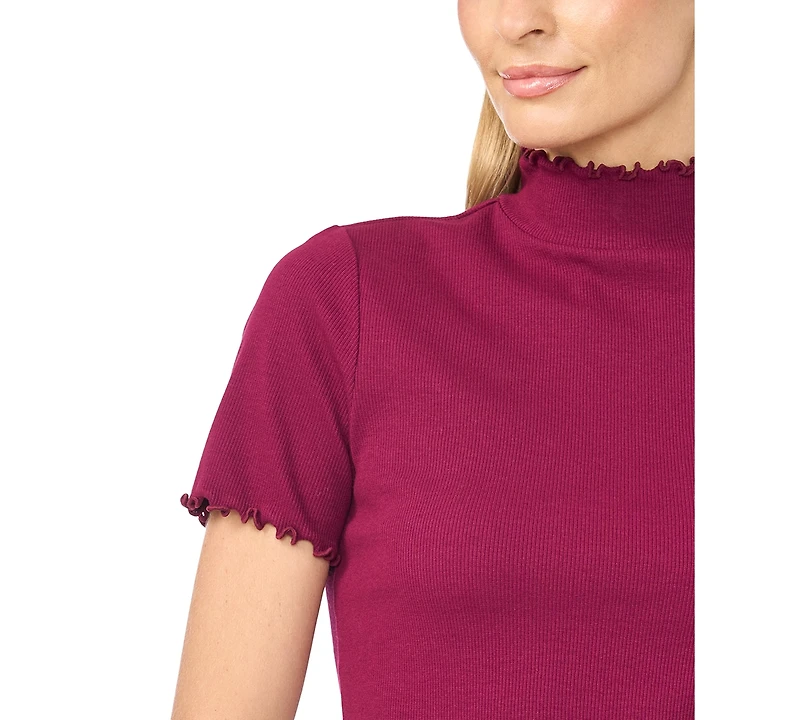 CeCe Women's Lettuce-Trim Mock Neck Short-Sleeve Top