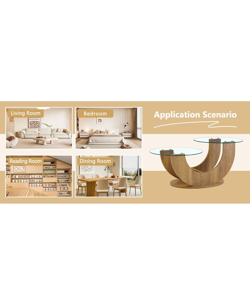 Streamdale Furniture Creative U-Shaped Double-Tier Glass Coffee Table with Wood-Grain Base