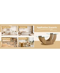 Streamdale Furniture Creative U-Shaped Double-Tier Glass Coffee Table with Wood-Grain Base