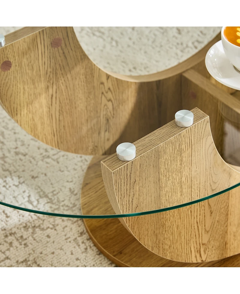 Streamdale Furniture Creative U-Shaped Double-Tier Glass Coffee Table with Wood-Grain Base