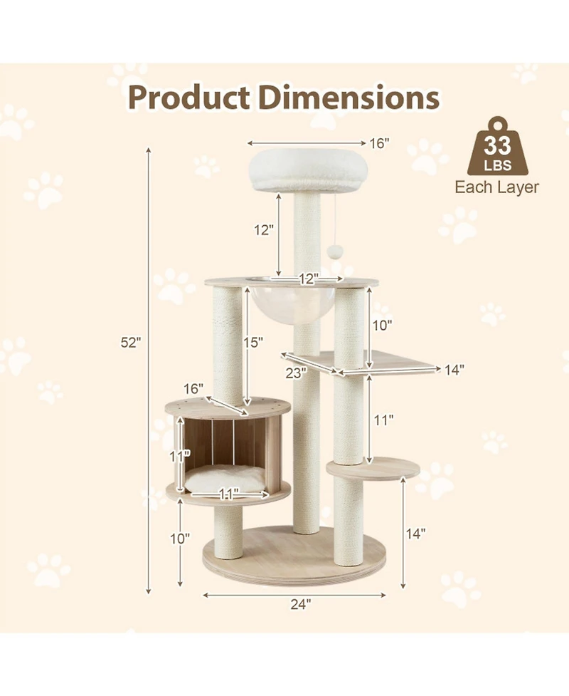 Hongge Wooden 52 Inch Cat Tree Tower with Enclosed Space Capsule