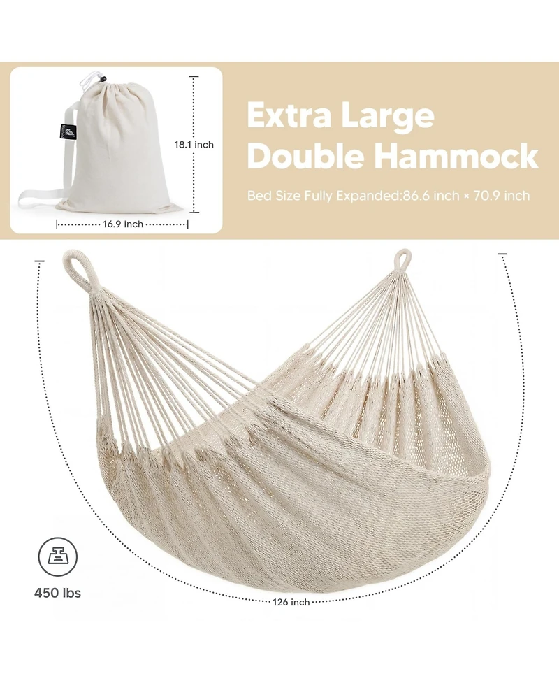Piscifun Double Outdoor Hammock 2 Person Thick Polyester Rope Portable Heavy Duty 450lbs Capacity