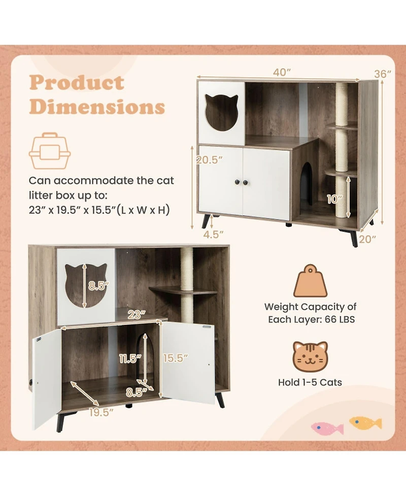 Hongge Cat Litter Box Enclosure with 3 Sisal Scratching Posts