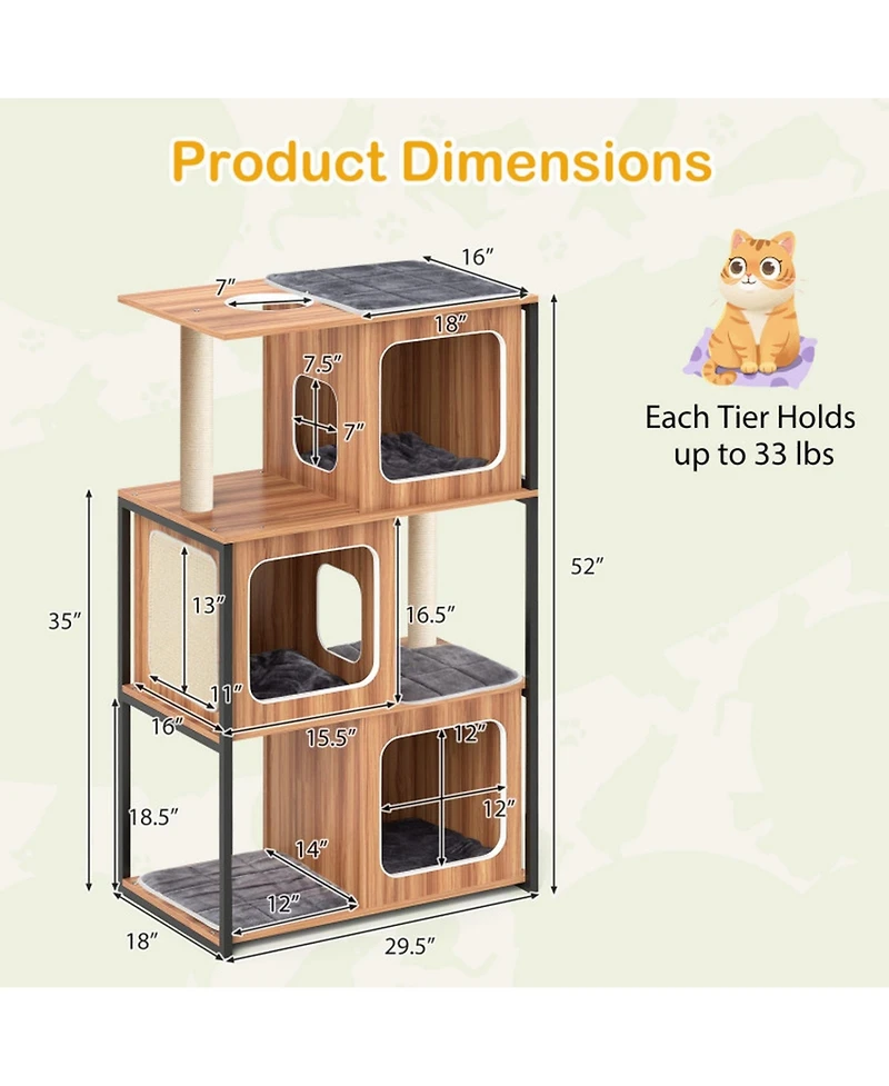 Hongge Metal-Frame Modern Cat Tree with Enclosed Cat House, 52 Inch