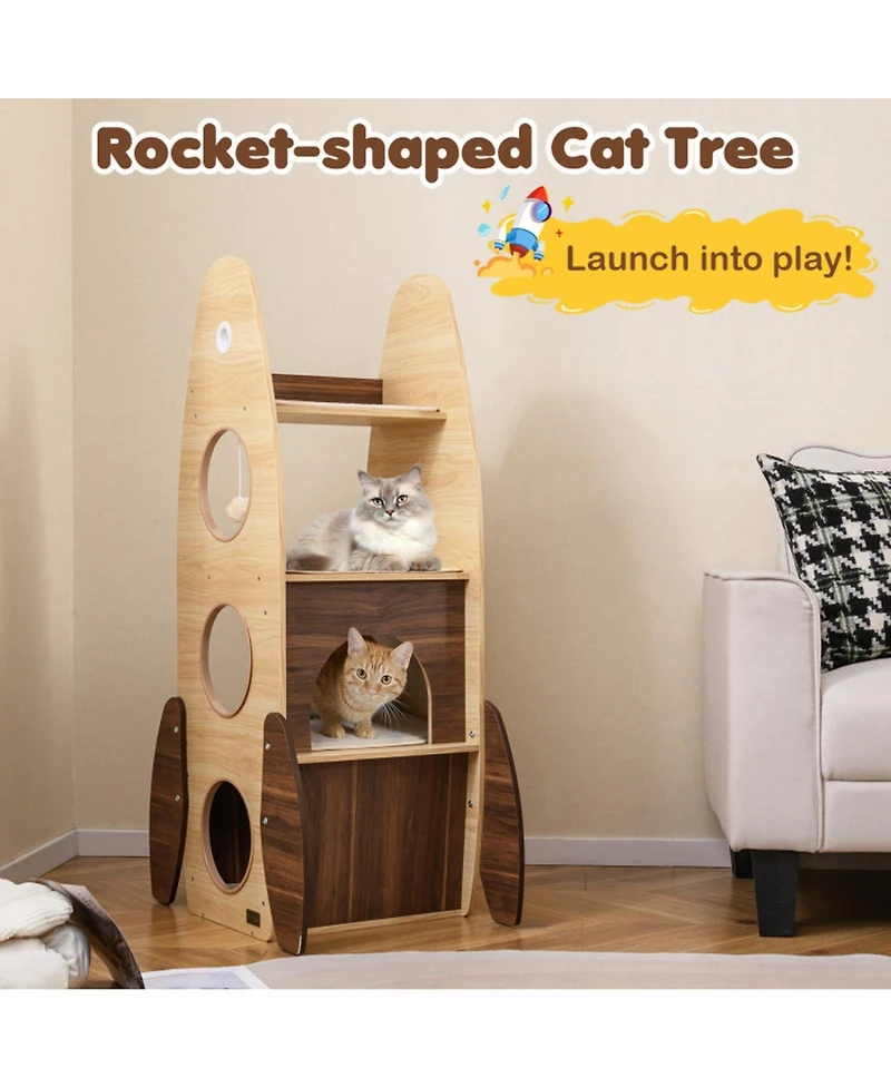 Hongge Rocket-Shaped 47 Inch Wooden Cat Tower with 2-Tier Condo