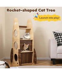 Hongge Rocket-Shaped 47 Inch Wooden Cat Tower with 2-Tier Condo