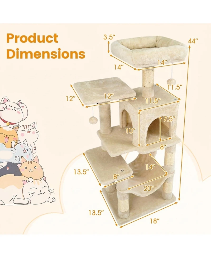 Hongge 44 Inch Multi-Level Cat Tower with Roomy 2-Door Condo
