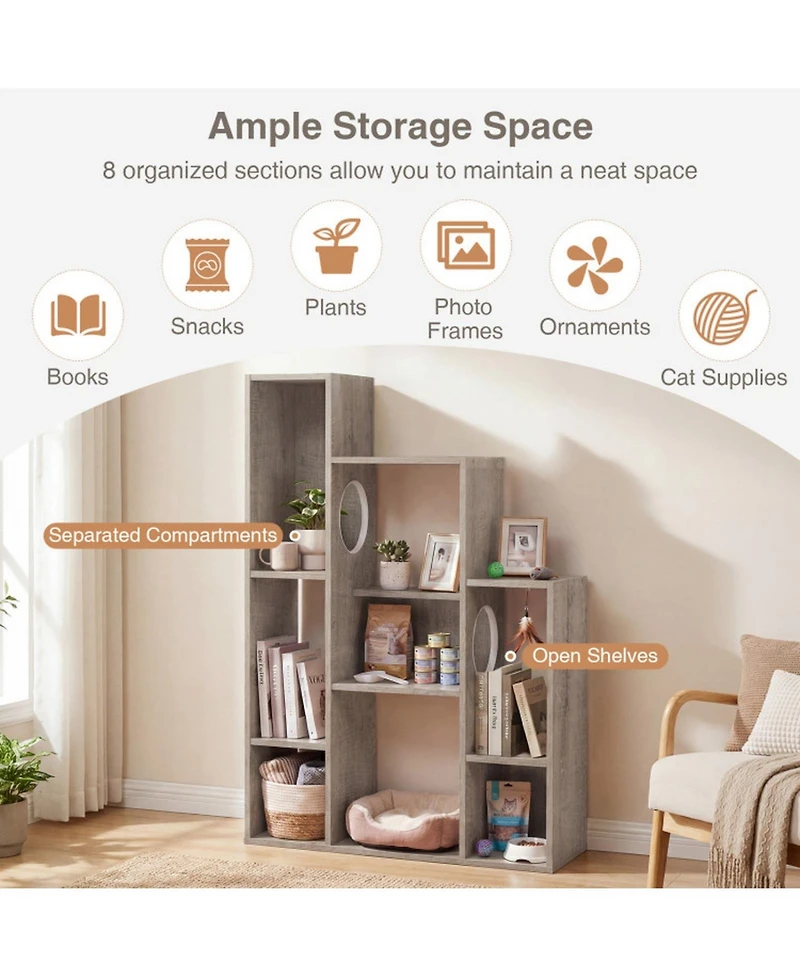 Hongge Modern Cat Bookshelf Tree with 8-Section Storage Cabinet
