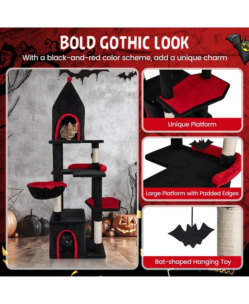 Hongge Gothic 63 Inch Cat Tree with Elevated Top Cave for Large Cats