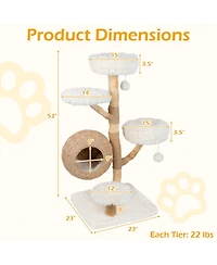 Hongge Five-Tier Wooden Cat Tree with Hand-Woven Cattail Condo