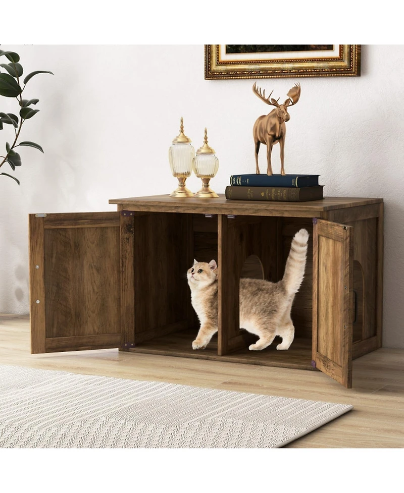 Hongge Flip-Top Hidden Cat Litter Box Enclosure with Double Barn Doors and Removable Divider