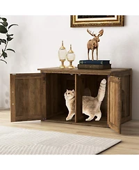 Hongge Flip-Top Hidden Cat Litter Box Enclosure with Double Barn Doors and Removable Divider