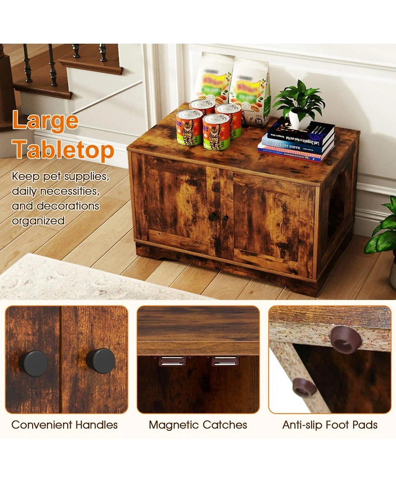 Hongge Wooden Cat Litter Box Enclosure with Dual Doors End Side Table and Nightstand