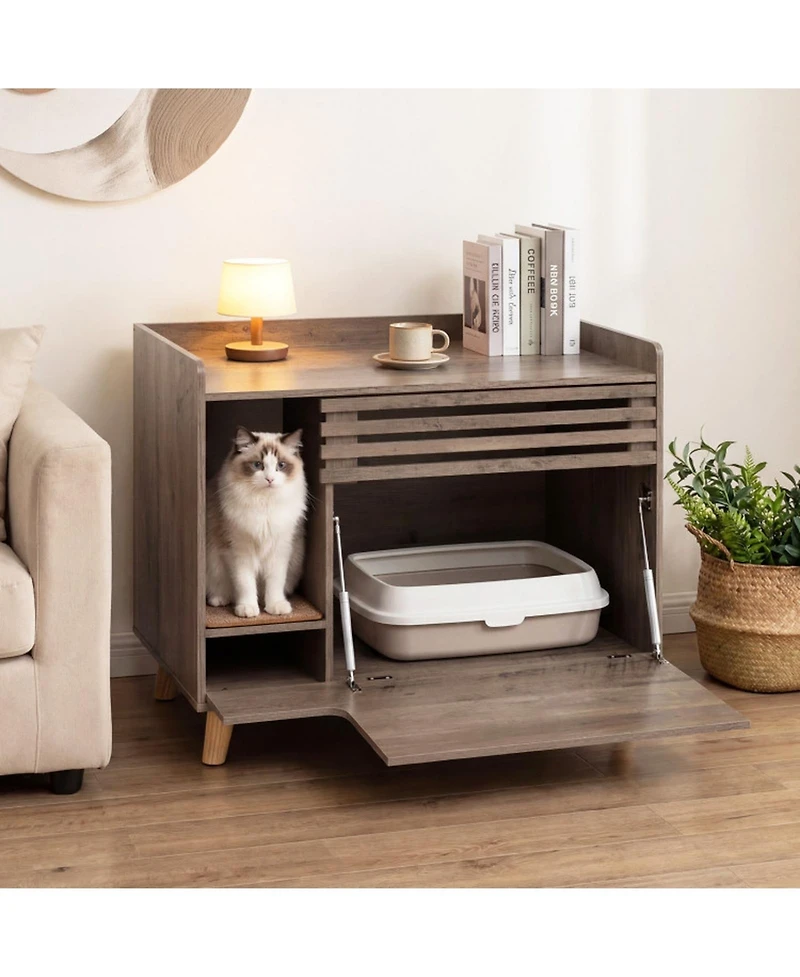 Hongge Cat Litter Box Enclosure with Flip-Down Door Ventilation Panel and Scratching Mat