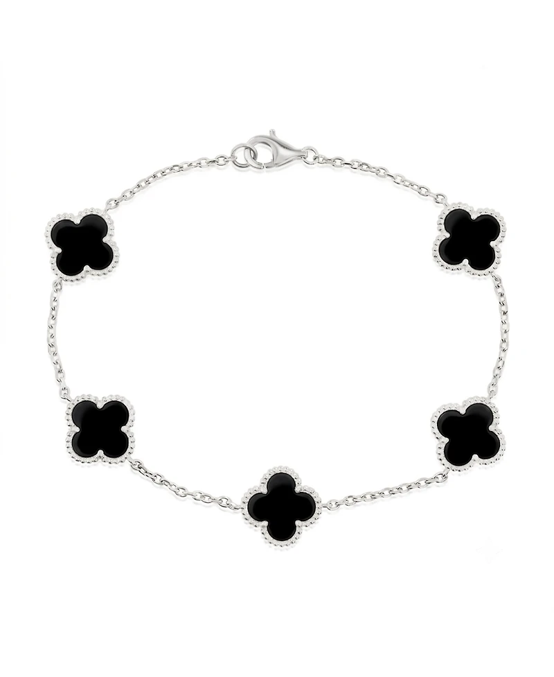 Simona Sterling Silver, Onyx Clover, Beaded Outline Bracelet