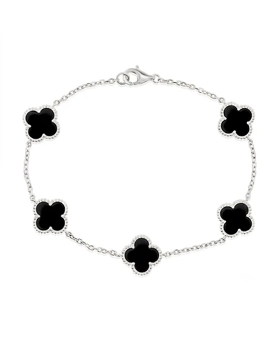 Simona Sterling Silver, Onyx Clover, Beaded Outline Bracelet