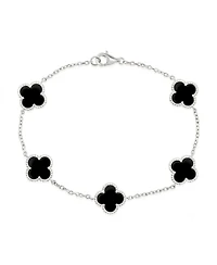 Simona Sterling Silver, Onyx Clover, Beaded Outline Bracelet
