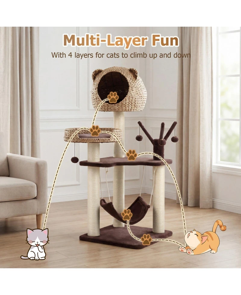 Hongge Multi-Level Cat Tree Tower with Woven Cattail Condo, 48 Inch